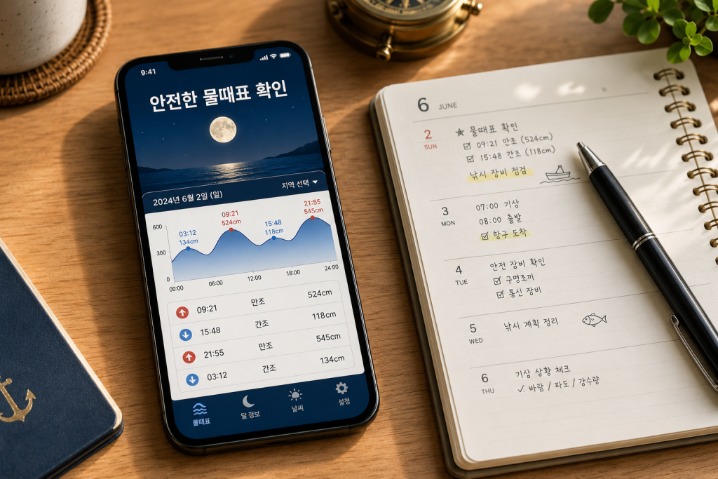 갯벌 체험 준비의 첫걸음인 스마트폰으로 물때표 달력 확인하는 모습