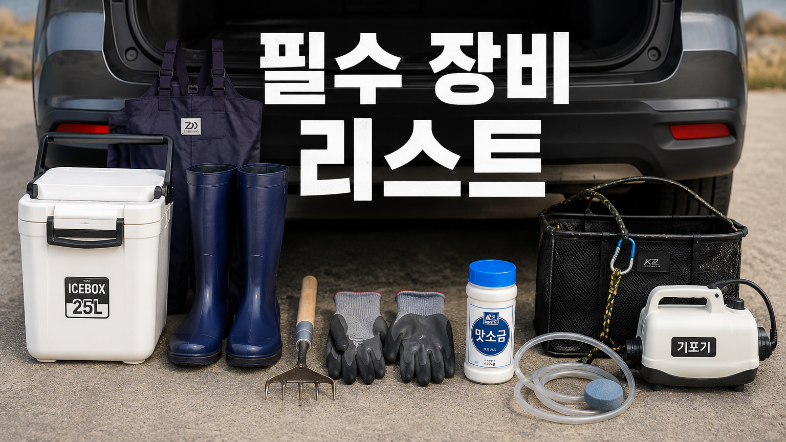 갯벌 체험 준비를 위해 트렁크에 깔끔하게 정리된 호미와 가슴장화 등 필수 장비들